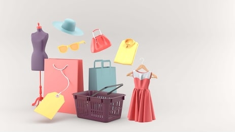 the shopping basket is surrounded by shopping bags and clothes on a gray background. - 3d rendering.