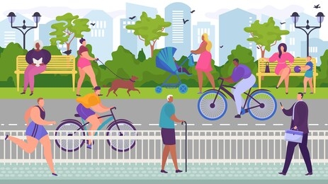 skating cyclists in park near roadway, useful outdoor sports, people relax in city parkland, cartoon style vector illustration. joyful women sitting on benches and walking dogs, men running along path