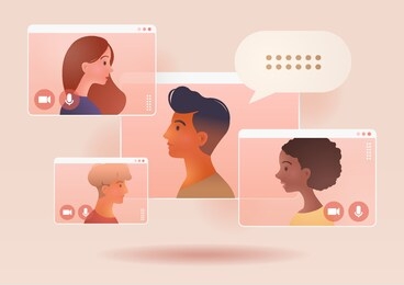 video conference call of a business group meeting. remote work. work from home, online webinar. social distancing. online technology concept vector illustration.