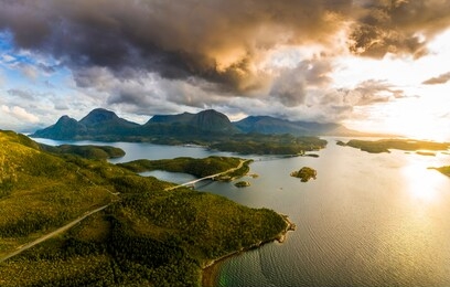 beautiful norwegian fjord at sunset. aerial view