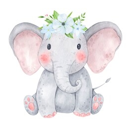 cute baby elephant watercolor illustration. isolated on white background. african baby animal for baby shower, nursery decorations, birthday invitations, postera, greeting card, fabric. baby girl.