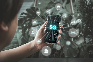 male hand using smartphone with 5g network connection concept, the concept of 5g network, high-speed mobile internet, new generation networks.