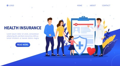 family health insurance concept. a young happy family comes to insure. attractive characters buy a family health insurance plan. family protection. professional medical consultation. flat vector