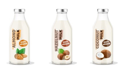 nut milk bottles: almond, hazelnut, coconut vegan milk. vector illustration.