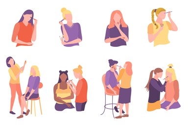 set of different makeup artists in various poses. cartoon women stylists making makeup girls using different tools. professional beauticians isolated on white.fashion industry.flat vector illustration