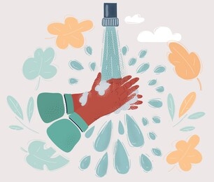 cartoon vector illustration of washing of hands with soap. drop water around. scented soap smell around.