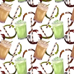 watercolor coffee seamless pattern. hand drawn hot drinks, matcha latte, coffee splash on white background. breakfast backdrop