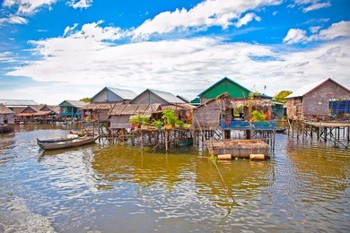 the floating village on the water of tonle sap lake. cambodia.