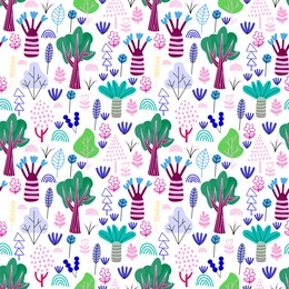 cartoon doodle forest seamless pattern. trees, bushes, leaves, flowers in scandinavian childlike style background. vector illustration.  