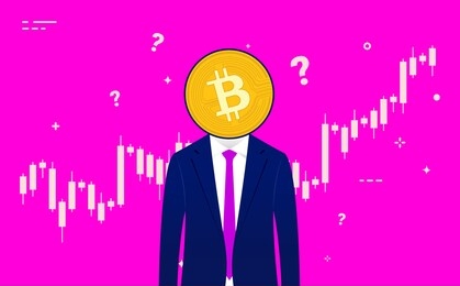 bitcoin trader - anonymous man with suit and coin in front of face. trading chart in background and question marks flying around. crypto currency, day trading and technical analysis. illustration.