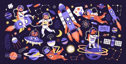 cartoon colorful characters astronaut, asteroid, comet and space object set vector flat illustration. collection of people and animals cosmonaut on rocket, ufo, planets and stars isolated on black