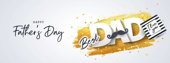 happy fathers day greeting card. holiday illustration with gift box, sparkling confetti and texture of golden brush strokes on a white background. father’s day poster design, social and fashion ads