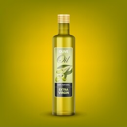 glass transparent olive oil bottle mockup isolated. green olive oil package design. vector 3d illustration