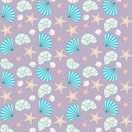 colorful seashells and starfish on a purple background. vector seamless pattern for wallpaper, wrapping paper, packaging, printing on fabric, textile, clothes and bags. design template