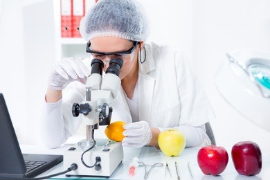  female scientist looking through a microscope gmo lemon