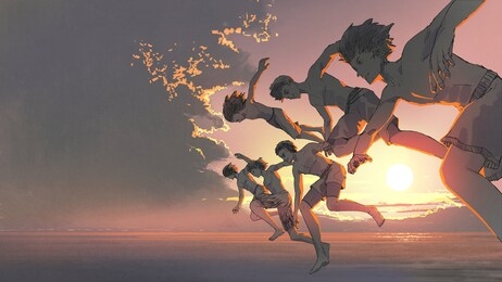 the group of young men running and jumping into the ocean together at sunset, digital art style, illustration painting