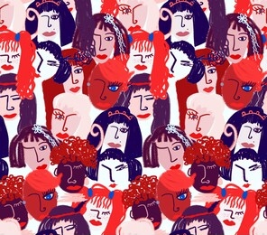 abstract charcoal pastel colors hand drawing mixed nations woman faces doodle sketch repeating pattern isolated background