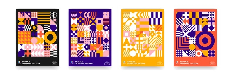 abstract bauhaus background, vector geometric pattern circle, triangle and square lines art design. color bauhaus swiss pattern backgrounds, posters set