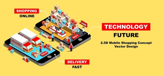 2.5d mobile shopping concept vector design