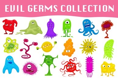 set of cartoon style angry germs, viruses, microbes and monsters illustration