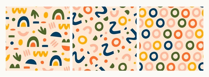 various lines, dots and shapes. rainbow shapes, curves, arcs, rings. set of three colorful abstract seamless patternx. backgrounds, wallpaper. hand drawn vector illustration. pastel colors