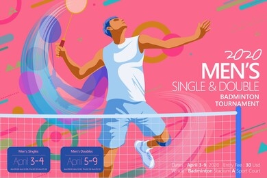 badminton tournament poster template, side view of a player jumping high to smash shuttlecock, in flat style