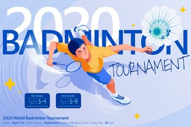badminton tournament poster template, top view of a male character jumping high to strike shuttlecock, in flat style