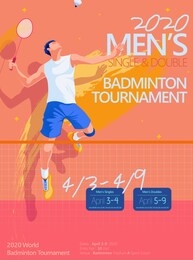 badminton tournament poster template, side view of male character doing jump smash in flat style