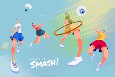 badminton promotion poster, designed with four energetic players doing different kind of strikes on abstract background