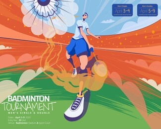 badminton tournament poster template, bottom up fish eye view of male character striking shuttlecock in flat style