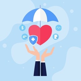 hands are under health insurance contract.health care concept. health insurance contract is under the umbrella. flat style vector illustration
