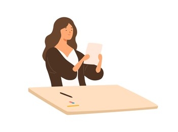 satisfied teenage girl holding paper with successful school test vector flat illustration. smiling student sitting at table on exam isolated on white background. joyful pleasant pupil