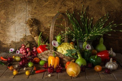 still life  vegetables, herbs and fruit as ingredients in cooking.