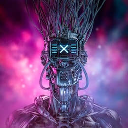 cyberpunk gamer portrait / 3d illustration of science fiction futuristic robot character with glowing bokeh background