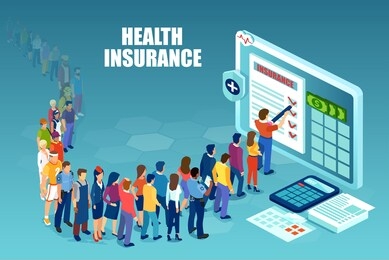 vector of diverse people waiting in line to fill out online health insurance contract form