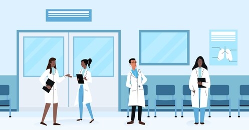 diverse health doctors practitioners talking and standing in hallway while working in hospital illustration