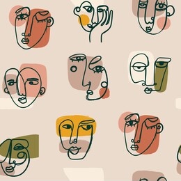 modern abstract faces. various face expressions. hand drawn outline vector seamless pattern. background, wallpepr. continuous line, minimalistic concept. perfect for textile prints