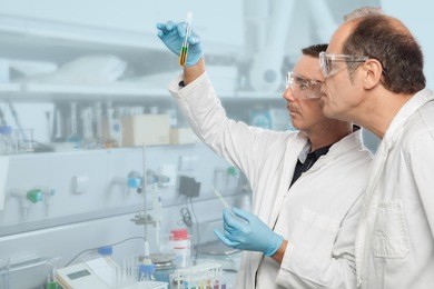 two chemists are analyzing a liquid mixture in a test tube.