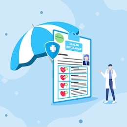 doctor stands near health insurance contract.health care concept. health insurance contract is under the umbrella. vector illustration about health