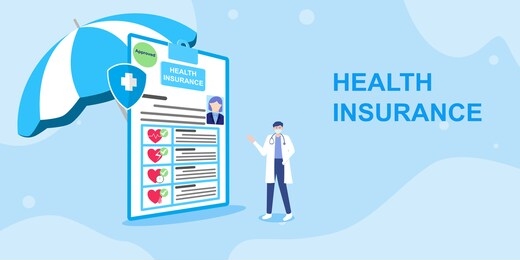doctor stands near health insurance contract.health care concept. health insurance contract is under the umbrella. vector illustration about health