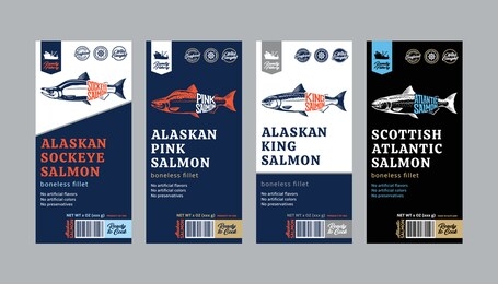 vector salmon vertical labels. atlantic, chinook, sockeye, and pink salmon fish illustrations. modern style seafood labels