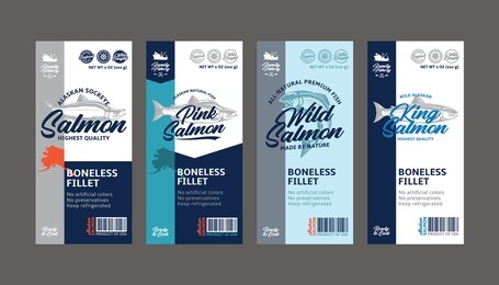 vector salmon vertical labels. wild, chinook, sockeye, and pink salmon fish illustrations. seafood labels for groceries, fisheries, packaging, and advertising