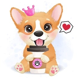 cute little corgi with a coffee cup