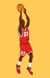 black male basketball player jumping to shoot the ball, wearing a red jersey with the number 23. isolated on color background editable vector illustration.