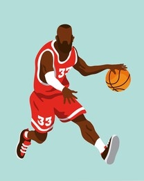 black male basketball player running while bouncing the ball in a dynamic position. wearing a red jersey with white details and number 33. editable vector illustration isolated on color background