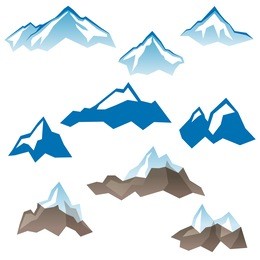 9 stylized mountains icons over white background