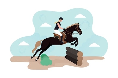 illustration of horse cross. equestrian eventing. illustration of a horse with a rider jumping over the barrier from the wooden log cabins. a horseman on a horse jumps over an obstacle against a cloud