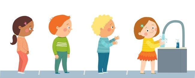 hand wash. cute children standing at the wash basin at school. girls and boys waiting to wash hands. cartoon hand drawn illustration isolated on white background in a flat style