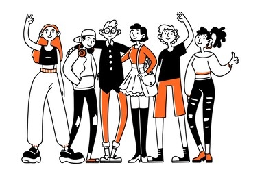 teen friend team. group of teenage girls and guys standing together, waving, hugging flat illustration. youth, friendship, community concept for banner, website design or landing web page