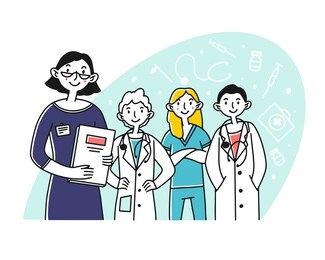 hospital doctor staff. team of physicians and nurse standing together flat illustration. teamwork, medicine, occupation concept for banner, website design or landing web page